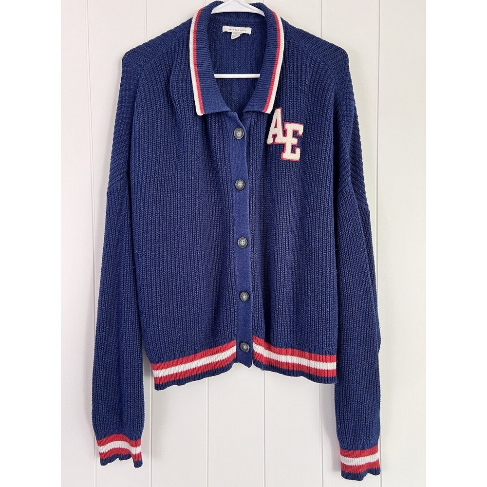 Vintage American Eagle Red White Blue Letterman Cardigan Sweater Preppy Women XL